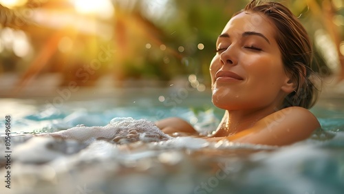 A woman enjoys leisure time in a pool with happiness and excitement. Concept Relaxing Pool Time  Happy Moments  Leisure Activities  Summer Fun  Water Sports