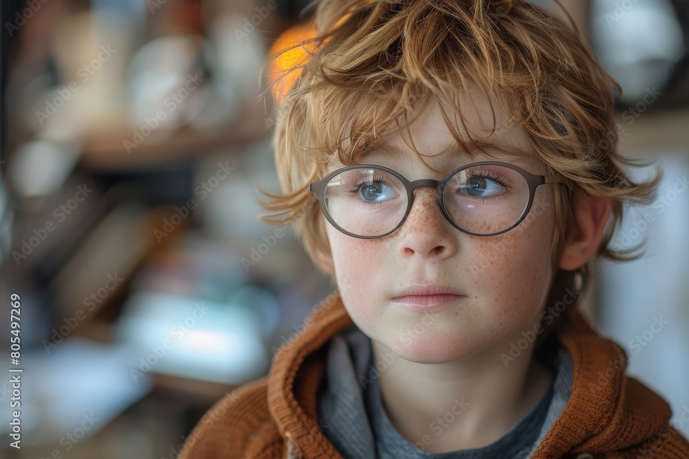 Portrait of a young boy with tousled hair and freckles, wearing round glasses, looking contemplative and calm Portrait of a young boy with tousled hair and freckles, wearing round glasses, looking contemplative and calm