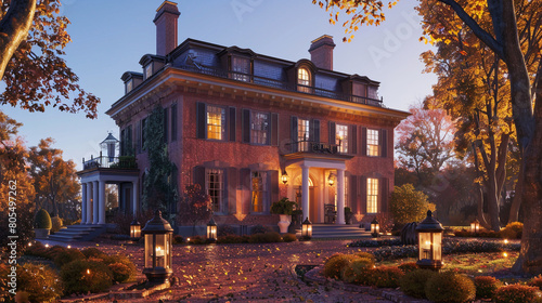 A dignified Federal-style brick home in the crisp air of a fall morning  its historic elegance accentuated by the changing leaves 