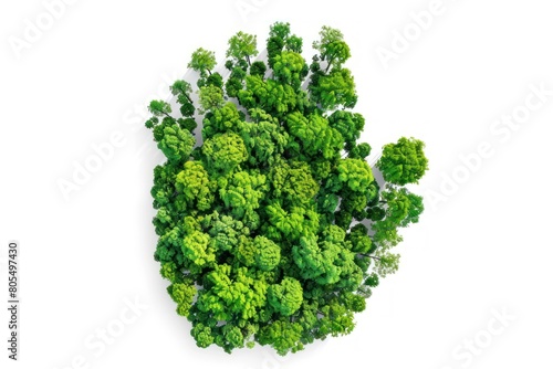 Trees and vegetation in the shape of a fist. Top view on a white background. Ecology concept
