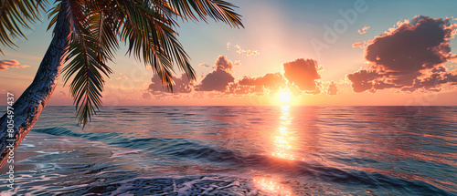 Tropical Sunset at the Beach, Scenic Ocean View with Palm Trees and Golden Sky