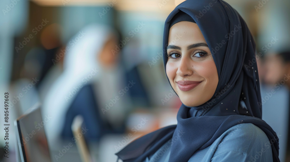 An Emirati office employee smiling to the camera. Other office employees are in the background An Emirati office employee smiling to the camera. Other office employees are in the background