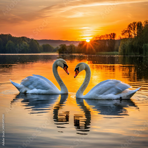 two swan on the lake at sunset