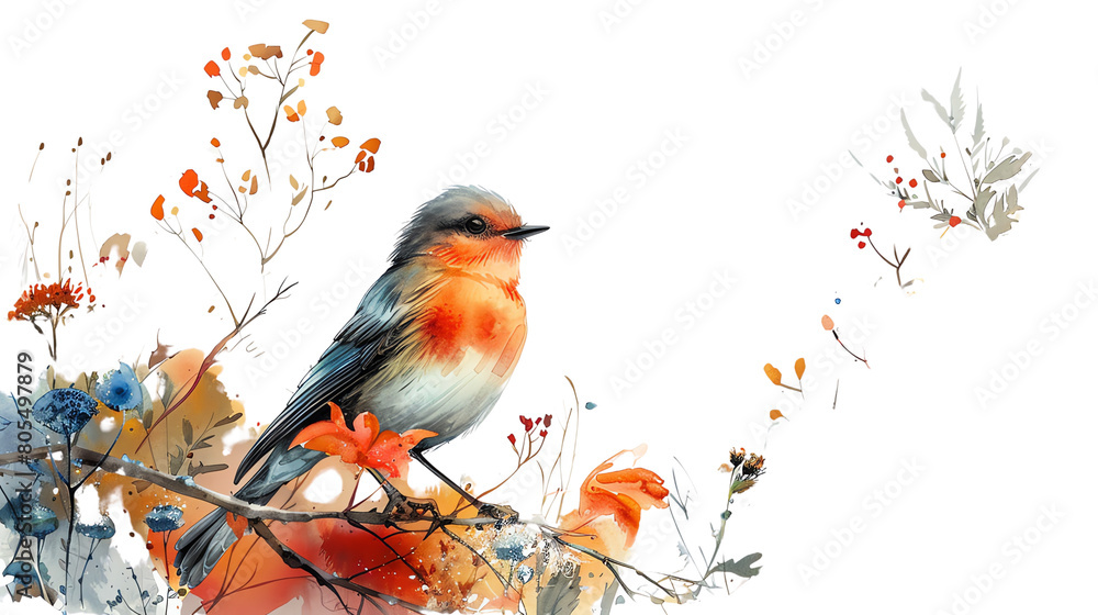 Small red bird sitting on a branch with red and yellow leaves. Small red bird sitting on a branch with red and yellow leaves.