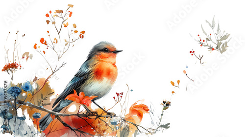 Small red bird sitting on a branch with red and yellow leaves. photo