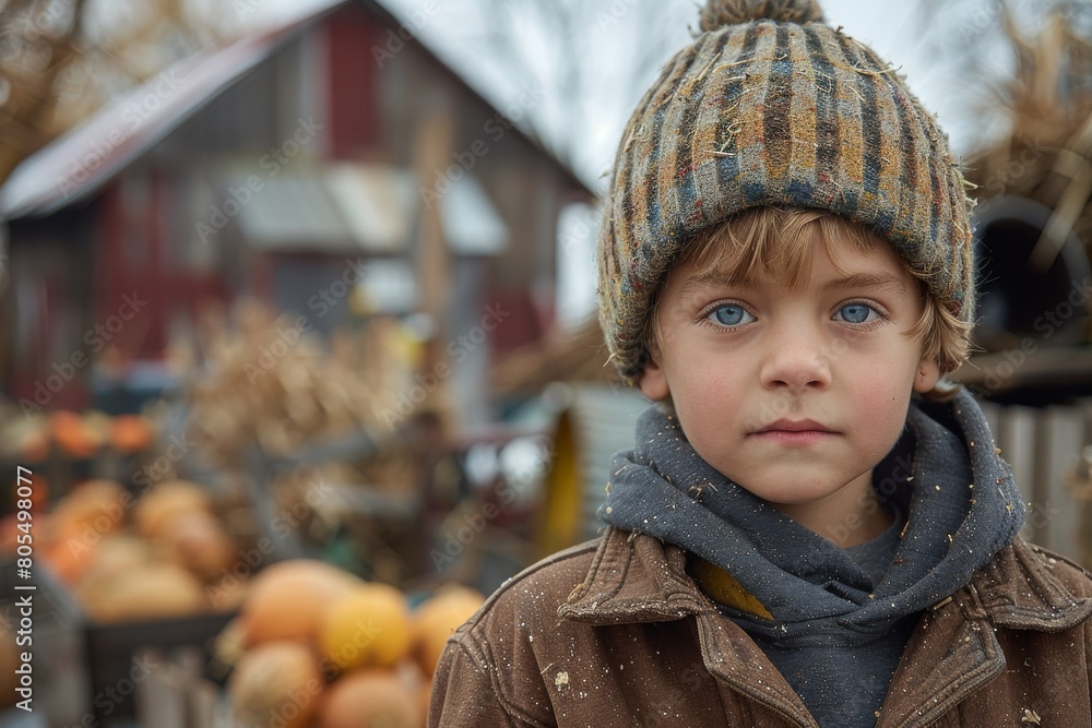 Serious-looking young boy wearing a beanie with a rustic farm and pumpkins in the background, denoting rural life and simplicity