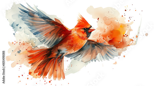 watercolor painting of a red cardinal bird with outspread wings