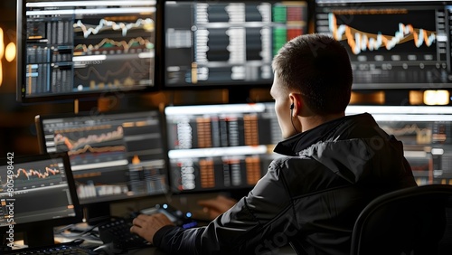 Monitoring Market Trends: A Crypto Trader's Multi-Device Setup. Concept Cryptocurrency News, Trading Strategies, Market Analysis, Investment Tips, Account Security photo