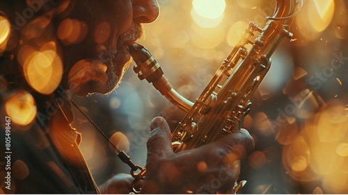 A saxophonist blowing the saxophone and creating a jazz tune photo