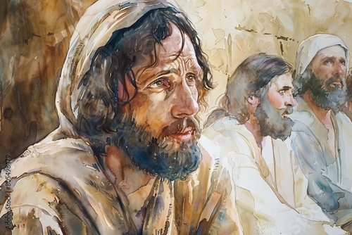 Contemplative Portrait of the Hallowed Savior in Watercolor Painting photo