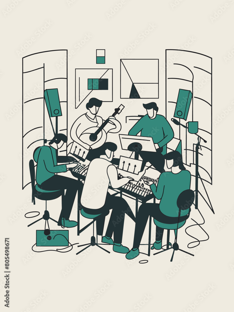 Team of Musicians Composing in a Studio Surrounded by Instruments and Recording Equipment, Vector Illustration