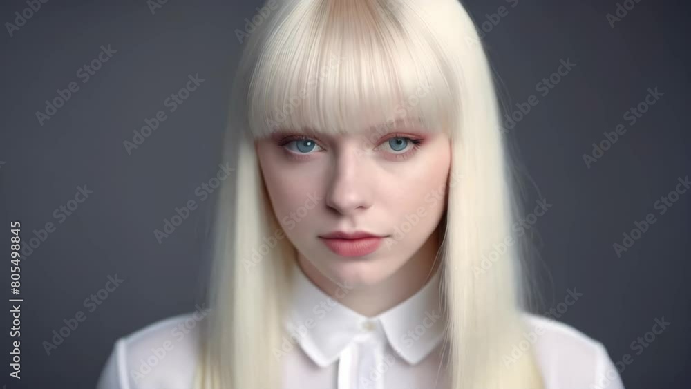portrait of a woman with pale blonde hair and intense blue eyes, wearing a white blouse. Gray background portrait of a woman with pale blonde hair and intense blue eyes, wearing a white blouse. Gray background