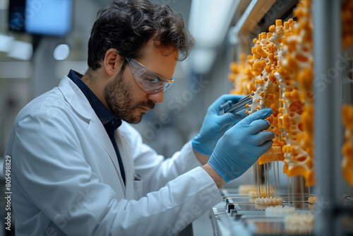 medical specialist analyzes 3d bacterial figures during laboratory lessons