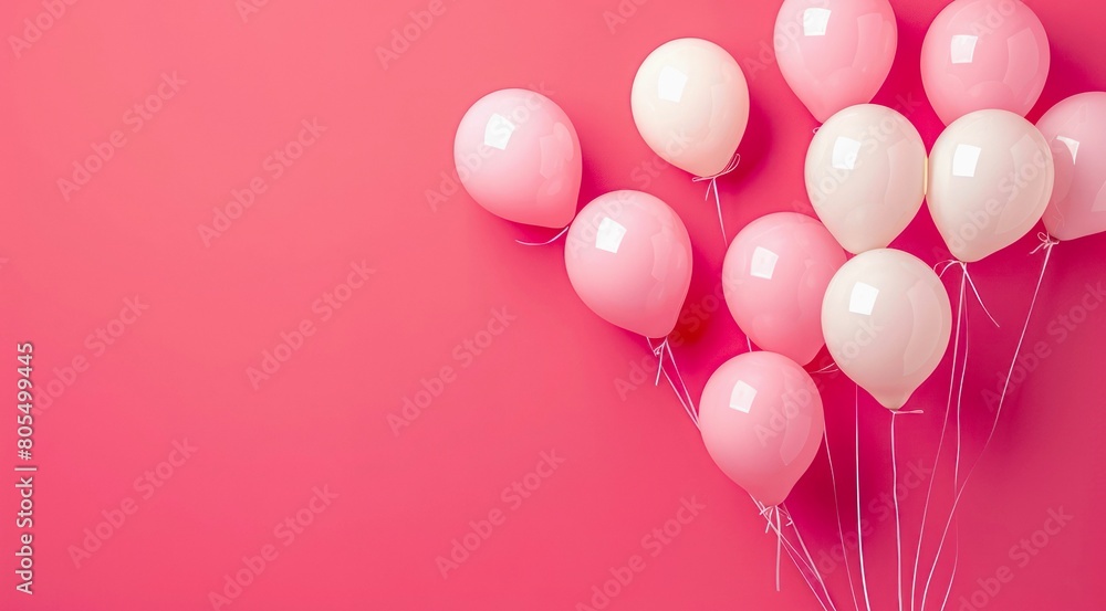 White balloons on pink background with copy space.