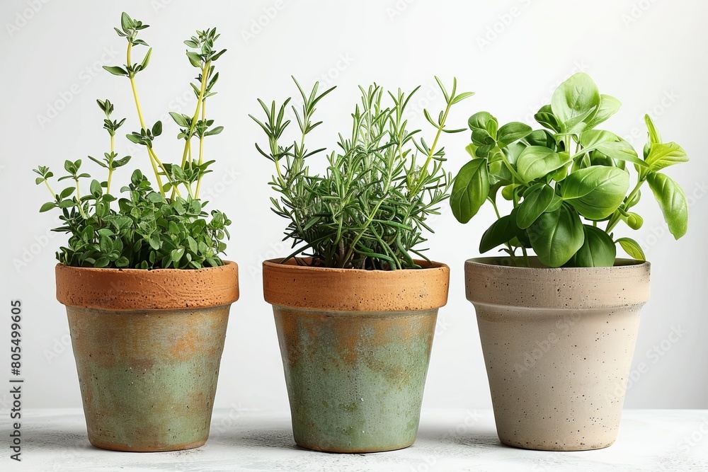 Herbs in Rustic Pots: Oregano, Rosemary, and Basil Herbs in Rustic Pots: Oregano, Rosemary, and Basil