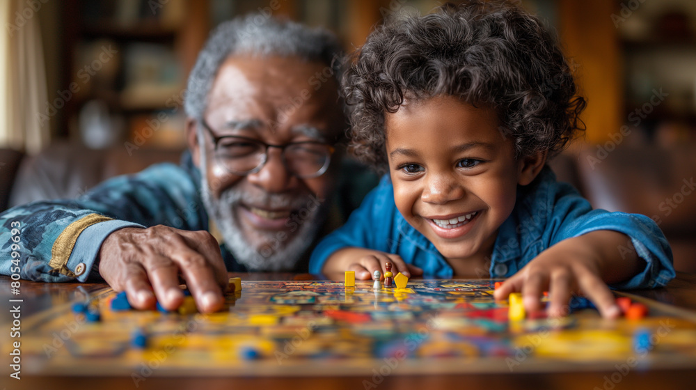 Board Game Marathon: Grandparents and grandchildren gathered around a table, engaged in a lively board game competition, with smiles, laughter, and friendly banter filling the room Board Game Marathon: Grandparents and grandchildren gathered around a table, engaged in a lively board game competition, with smiles, laughter, and friendly banter filling the room