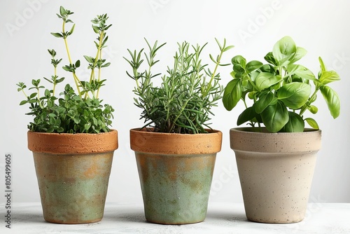 Herbs in Rustic Pots: Oregano, Rosemary, and Basil