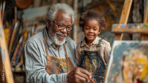 Artistic Expression: Grandparents and grandchildren creating colorful masterpieces together in a sunlit studio, surrounded by easels, paints, and canvases as they unleash their cre photo