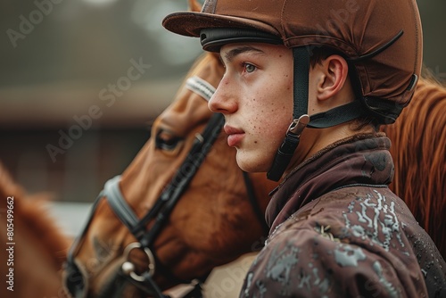 Young Male Equestrian Focused During Horse Riding Training photo