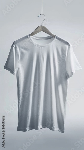 A crisp, plain white t-shirt elegantly draped over a polished wooden hanger, suspended in an all-white space to emphasize its simplicity 