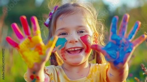 A young girl,wearing a bright color shirt, shows her hands and palms painted in vibrant color in the Holi or Colors Festival isolated on a colorful background.