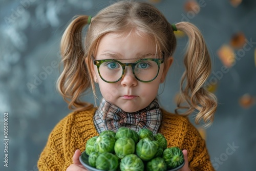 A young girl making a displeased face while holding a bowl of Brussels sprouts