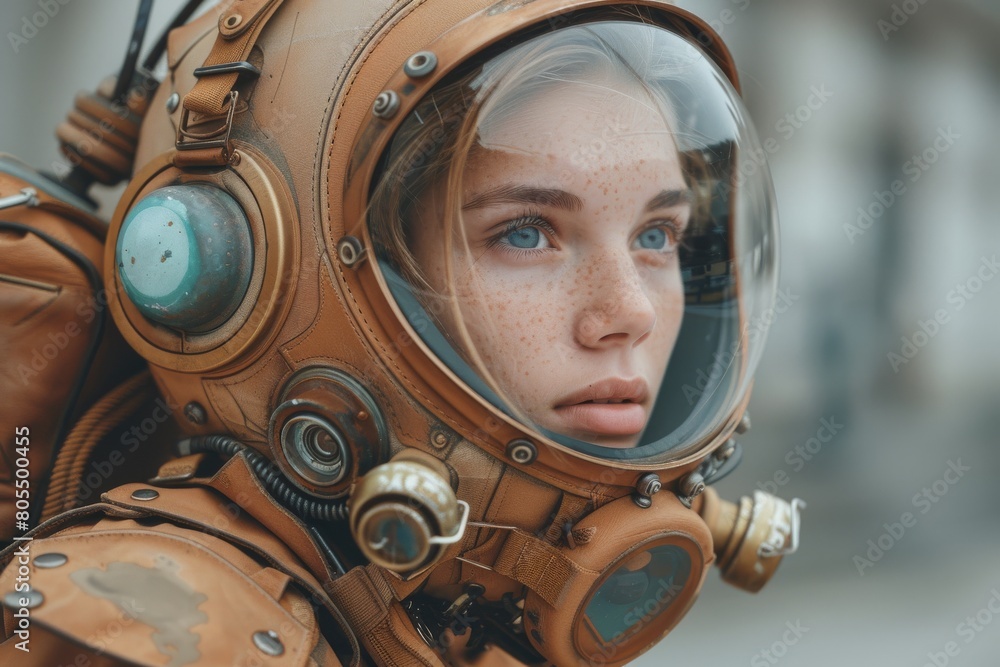 Detailed close-up portrait of a girl donning a vintage-inspired astronaut helmet with an imaginative look Detailed close-up portrait of a girl donning a vintage-inspired astronaut helmet with an imaginative look
