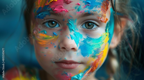 A young girl,wearing a bright color shirt, shows her hands and palms painted in vibrant color in the Holi or Colors Festival isolated on a colorful background.