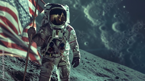 Astronaut with USA flag on moon surface, double exposure, International Moon Day concept. Unique space exploration image.