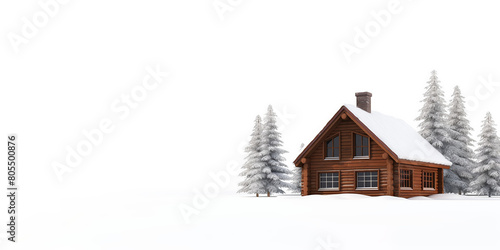 Secluded wooden cabin amidst snowy terrain with frost-covered pine trees. © zakiroff