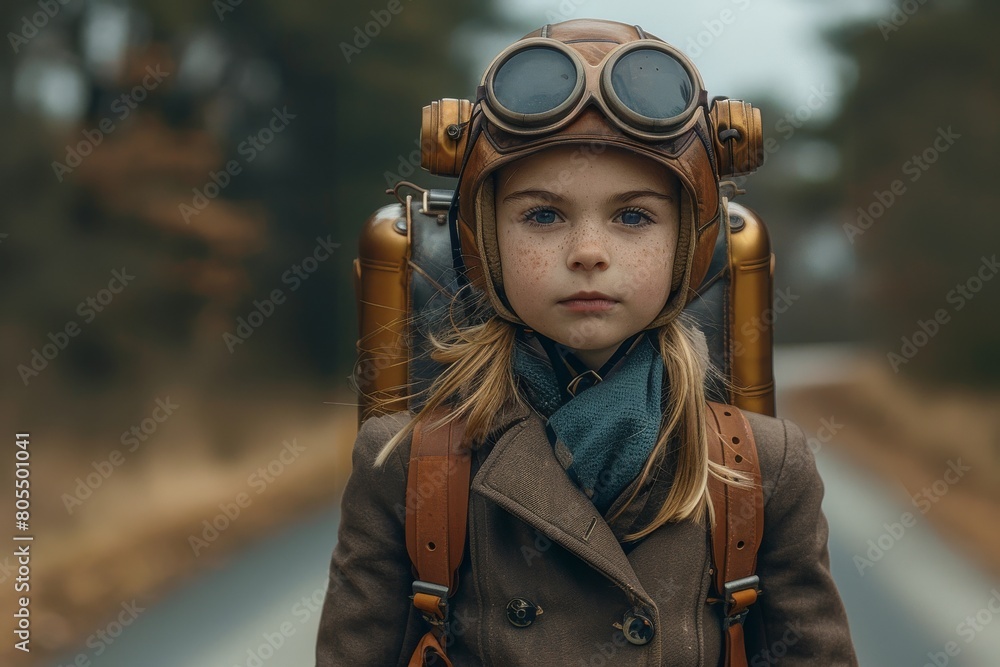 Little girl dressed as aviator with goggles standing on a road, evoking adventure spirit Little girl dressed as aviator with goggles standing on a road, evoking adventure spirit