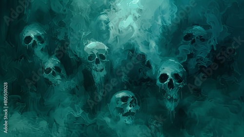 Ghostly of Skulls Floating in Swirling Fog in Gothic Horror Style © Mickey