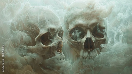 Ghostly Suspension Translucent Skulls Shrouded in a Foglike Haze Echoing Symbolist Paintings photo