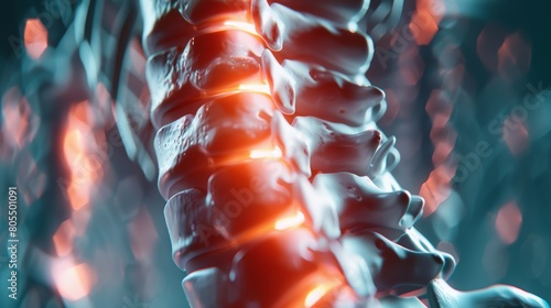 Artistic medical rendering of spinal anatomy with back pain focus, close-up and detailed