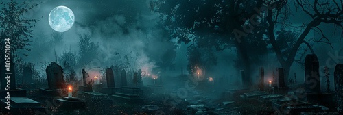 Graveyard Shrouded in Eerie Fog with Crumbling Headstones and Gnarled Tree Branches Under a Haunting Moonlit Sky photo