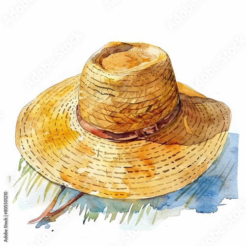 HandPainted Watercolor Straw Hat A Rustic Poster Art Object photo