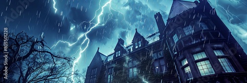 Haunted Gothic Mansion Towering on a Stormy Night with Lightning Flashing Across the Ominous Sky photo