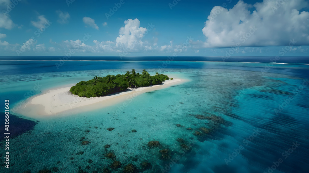 Obraz premium Remote Atoll: Powdery White Sand and Vibrant Coral Reefs Teeming with Life