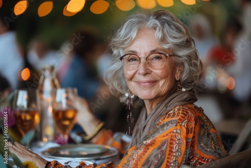 An elegant senior woman with a friendly smile, seated at a dinner table, wearing an orange floral dress