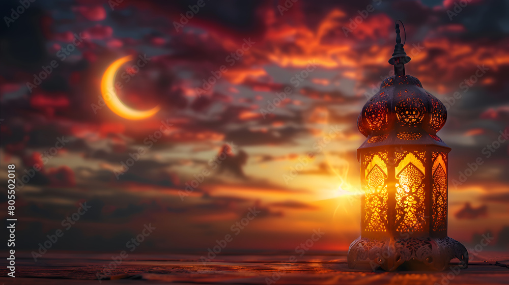 Sunset sky, crescent moon, lantern, wood table top, arabic pattern on the lamp, warm glow, copy space for text Sunset sky, crescent moon, lantern, wood table top, arabic pattern on the lamp, warm glow, copy space for text