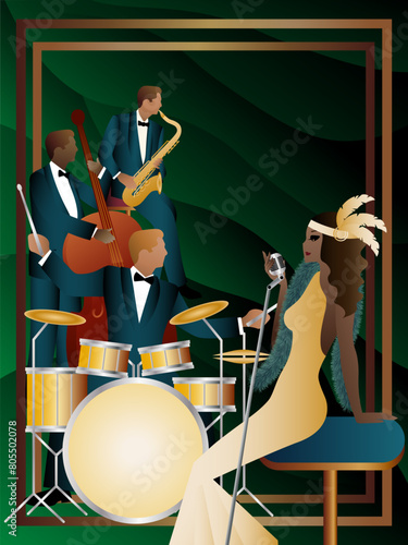 Jazz musicians and singer on a universal background. Double bass, saxophone, drum. Musicians play musical instruments