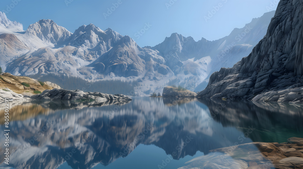 Mountain Lake Oasis: Remote Reflection of Peaks in Cradled Cliffs