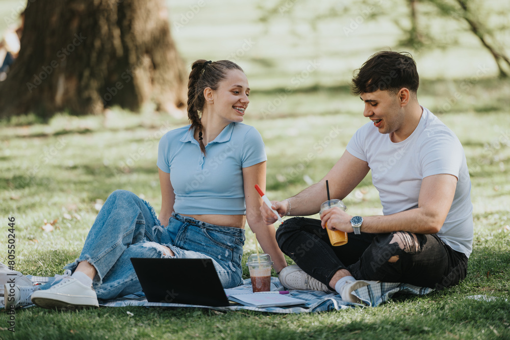 A pair of high school students engaged in study sessions outdoors, collaborating on homework in a lush urban park.