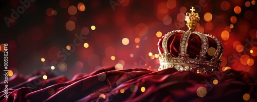 Beautiful gold and red crown on velvet pillow. Generate AI image photo