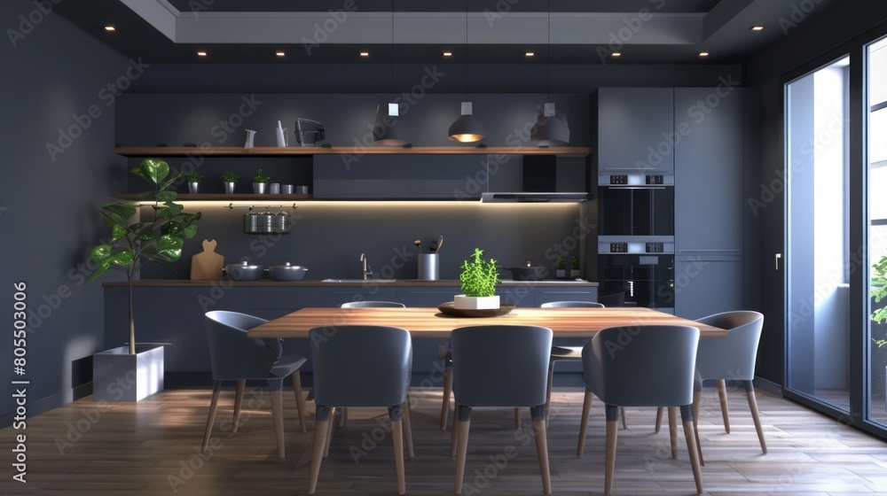 Cozy modern kitchen room interior design with dark gray wall.