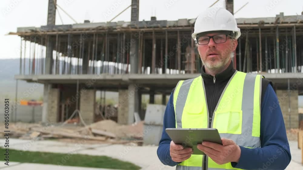 Focused engineer man architect occupation with tablet in hands looks away checking to do list of construction workers, construction site, copy space, background. Focused engineer man architect occupation with tablet in hands looks away checking to do list of construction workers, construction site, copy space, background.