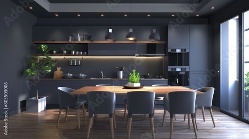 Cozy modern kitchen room interior design with dark gray wall.