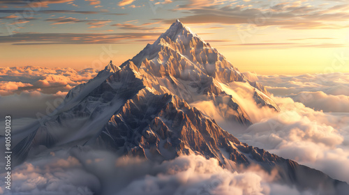 Crowned by Fire: Rugged Mountain Peak Above Sea of Clouds at Sunrise photo