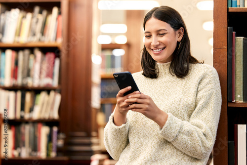 College, library and smile of girl with phone for campus research, literature website or networking. Scholarship, student and person with smartphone for education, email or media update in London