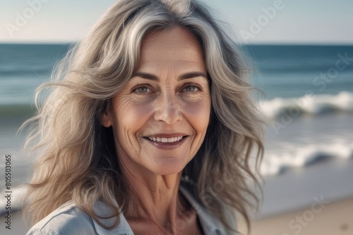 Obraz na płótnie Well-groomed happy elderly blonde woman with long ash-colored hair on the seashore. Portrait of a 55 year old woman. w salonie
